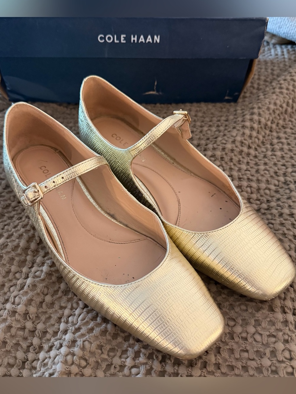 Gold metallic Cole Haan Mary Jane flats